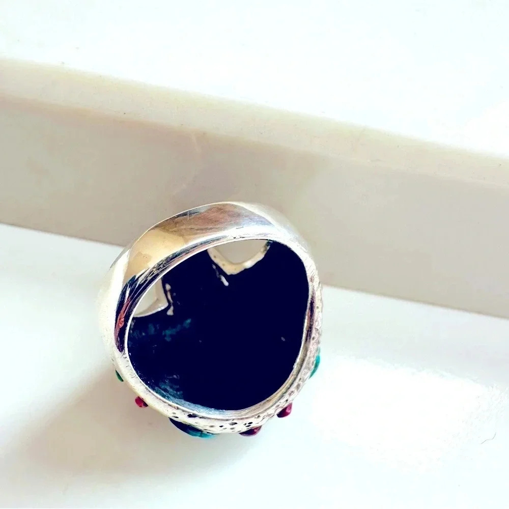 Handmade Sterling Silver & Multi Stone Inlay Skull/Biker/Rocker Ring Size 9.5 - Picture 7 of 7